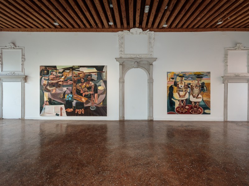 The art of Tesfaye Urgessa, a contemporary Ethiopian artist, fills the room with dynamic narratives, positioned between ornate, classical frames in a gallery that bridges past and present. (Courtesy of Saatchi Yates Gallery)