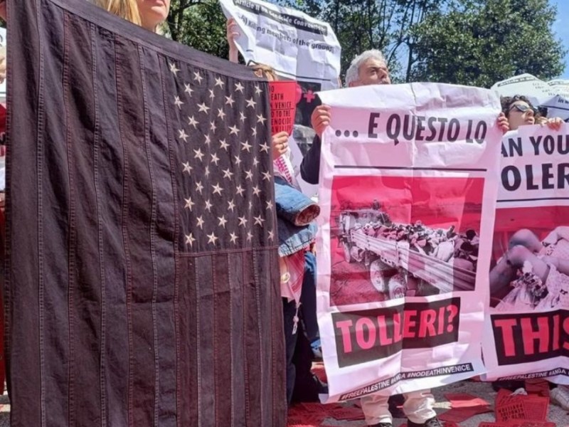 A person holds a darkened American flag next to others with protest signs. (Courtesy of @angalliance via Instagram)